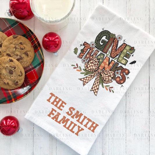 Personalized Thanksgiving Tea Towel with Give Thanks & Bow, Unique Hostess Towel Gift