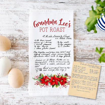 Christmas Poinsettia Recipe Tea Towel in Linen or Flour Sack