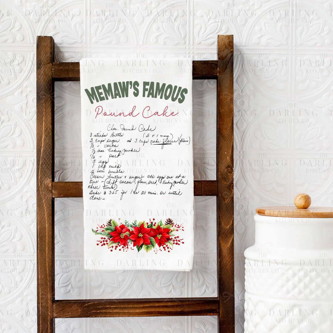 Christmas Poinsettia Recipe Tea Towel in Linen or Flour Sack