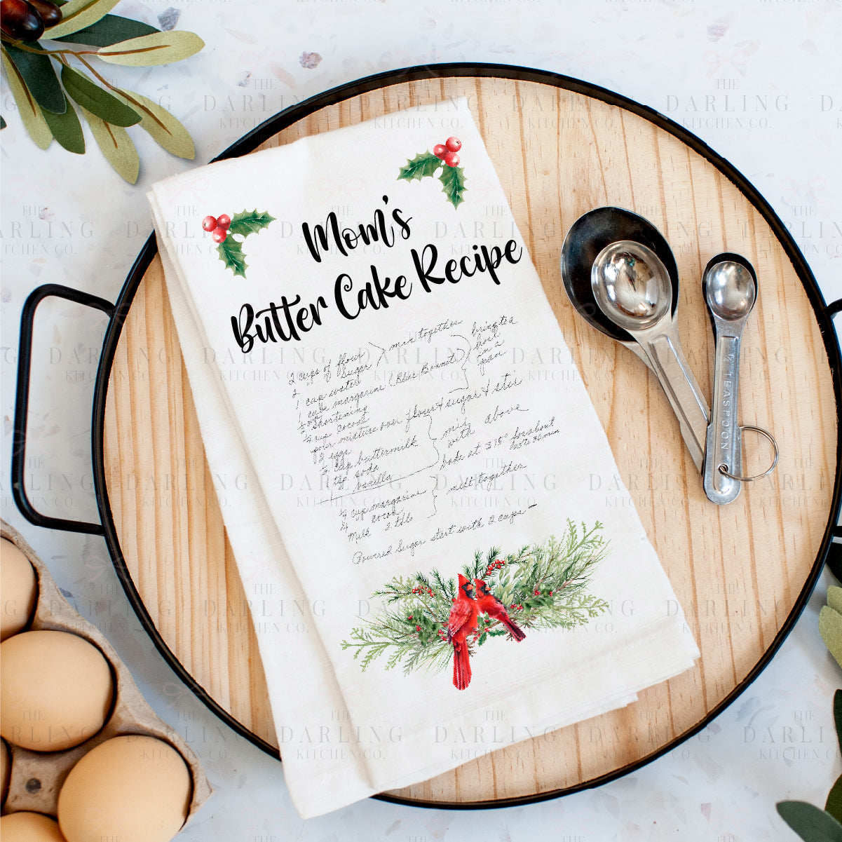 Christmas Recipe Tea Towel in Linen or Flour Sack With Cardinals