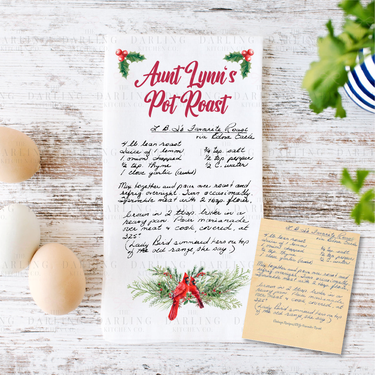 Christmas Recipe Tea Towel in Linen or Flour Sack With Cardinals