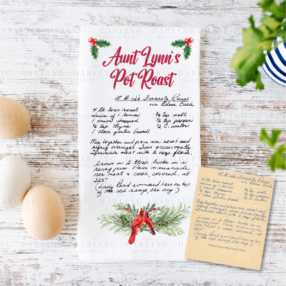 Christmas Recipe Tea Towel in Linen or Flour Sack With Cardinals