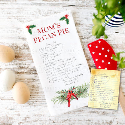 Christmas Recipe Tea Towel in Linen or Flour Sack With Cardinals