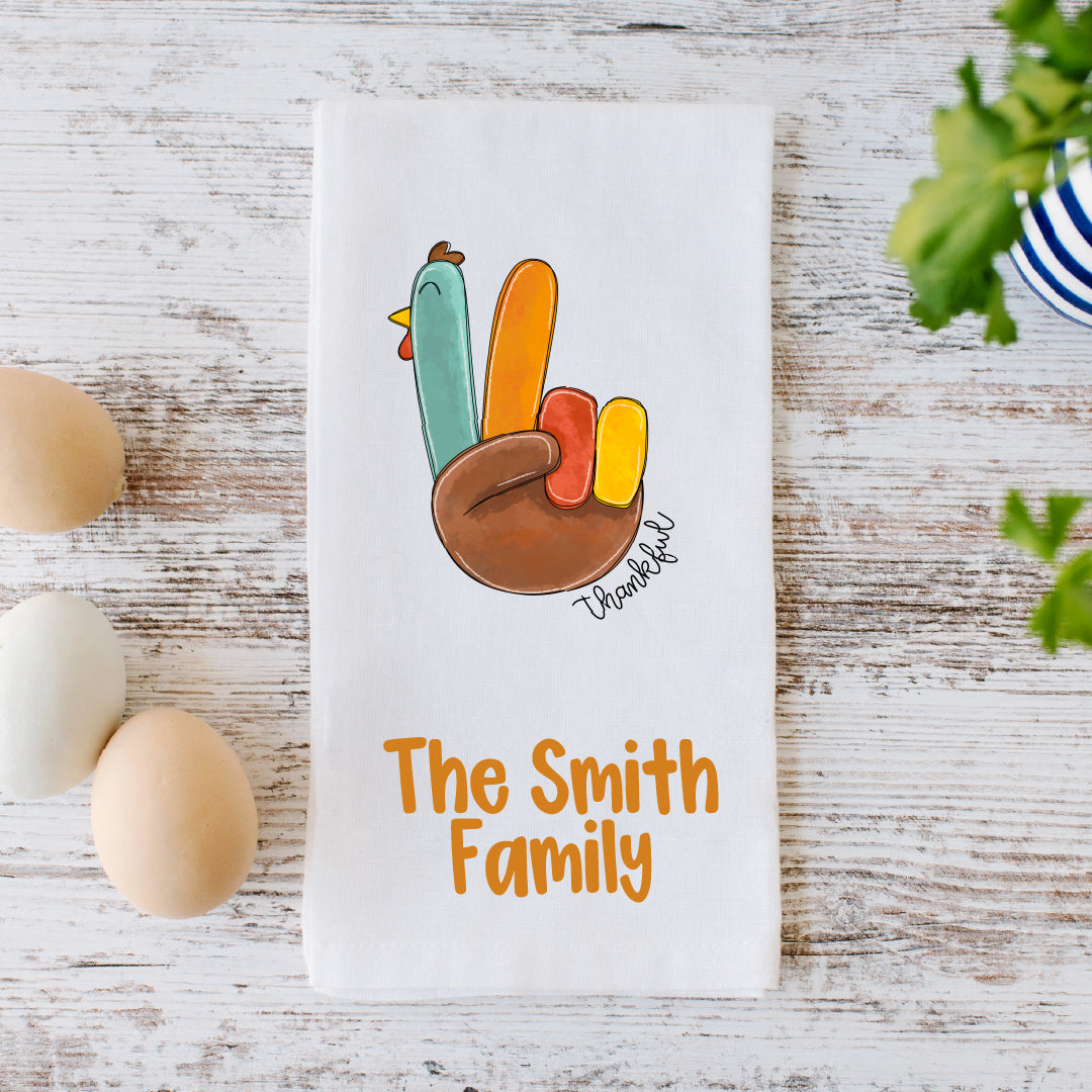 Personalized Thankful Hand Turkey Thanksgiving Tea Towel – Cute Fall Hostess Gift