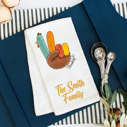 Personalized Thankful Hand Turkey Thanksgiving Tea Towel – Cute Fall Hostess Gift
