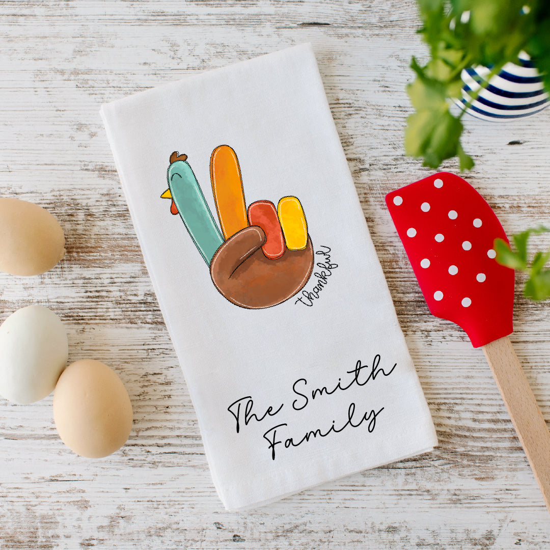 Personalized Thankful Hand Turkey Thanksgiving Tea Towel – Cute Fall Hostess Gift
