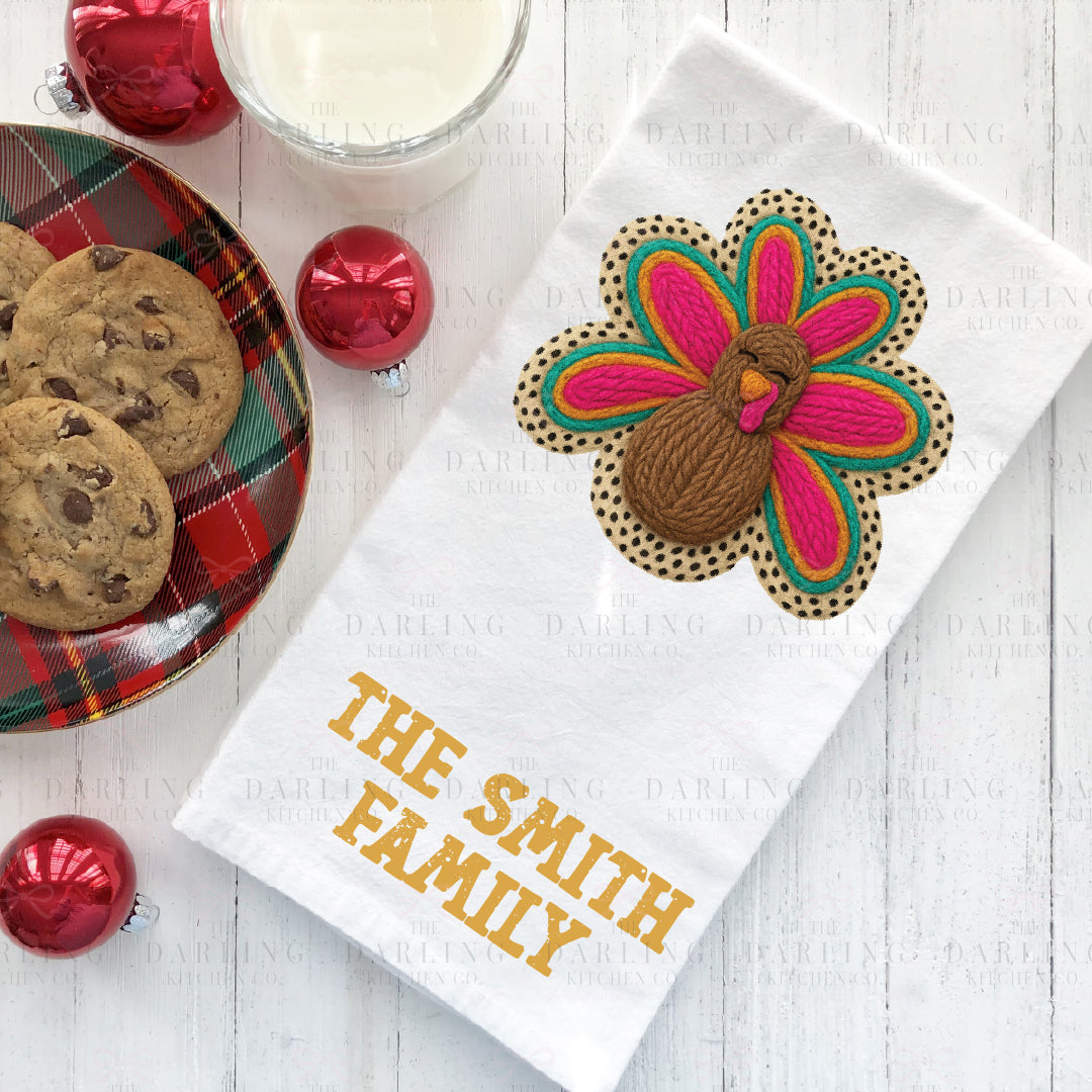 Yarn Turkey Thanksgiving Tea Towel | Leopard Print Kitchen Towel | Funny Hostess Gift | Fall Décor | Personalized Linen or Flour Sack