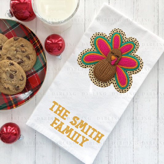 Yarn Turkey Thanksgiving Tea Towel | Leopard Print Kitchen Towel | Funny Hostess Gift | Fall Décor | Personalized Linen or Flour Sack