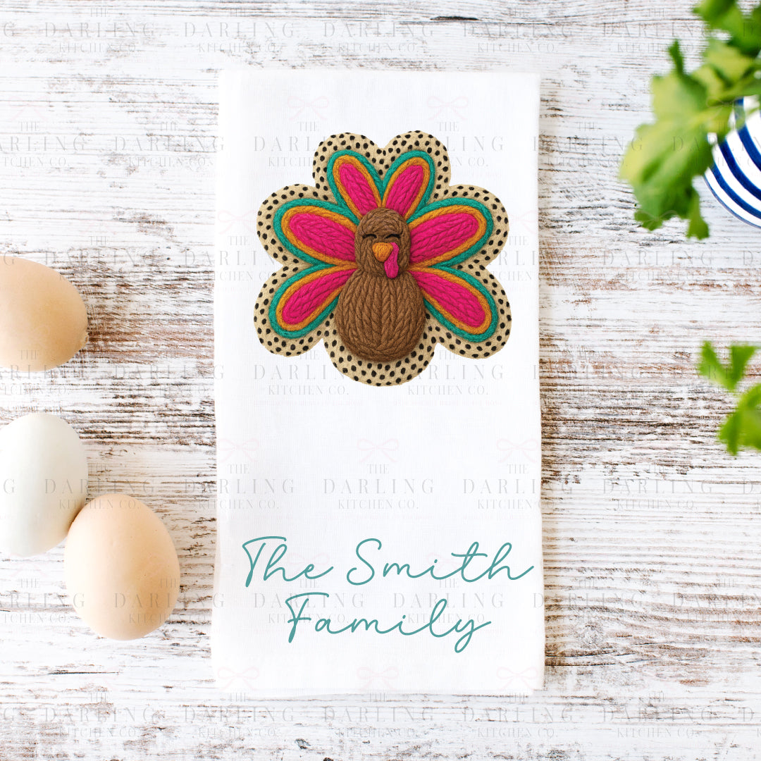 Yarn Turkey Thanksgiving Tea Towel | Leopard Print Kitchen Towel | Funny Hostess Gift | Fall Décor | Personalized Linen or Flour Sack