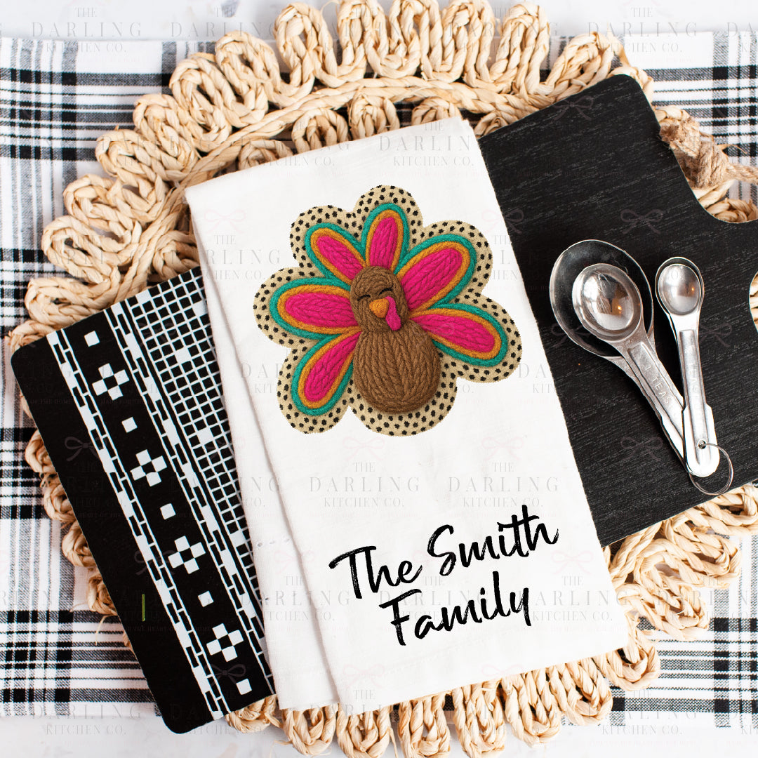 Yarn Turkey Thanksgiving Tea Towel | Leopard Print Kitchen Towel | Funny Hostess Gift | Fall Décor | Personalized Linen or Flour Sack