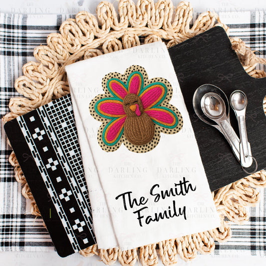 Yarn Turkey Thanksgiving Tea Towel | Leopard Print Kitchen Towel | Funny Hostess Gift | Fall Décor | Personalized Linen or Flour Sack