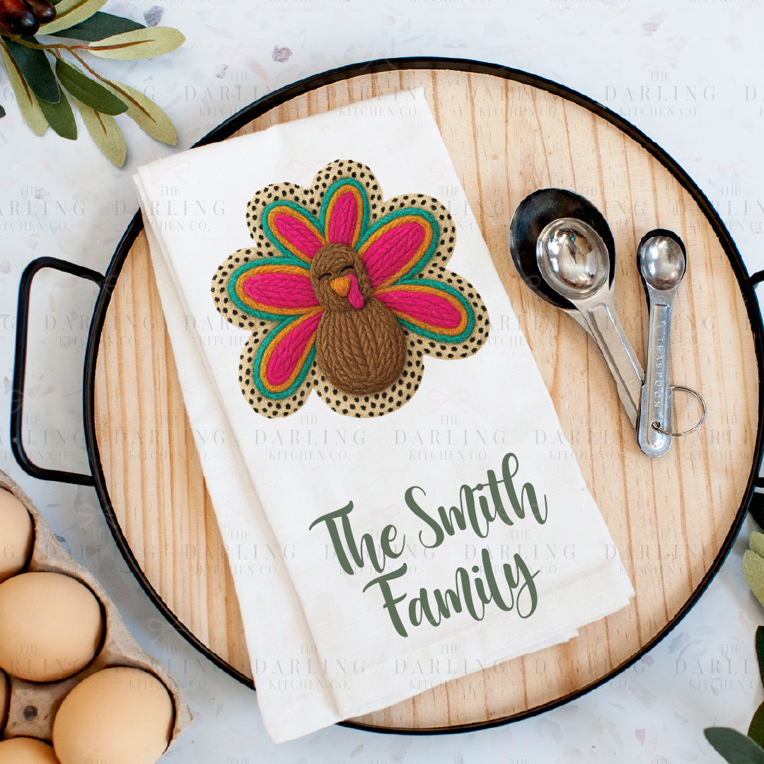 Yarn Turkey Thanksgiving Tea Towel | Leopard Print Kitchen Towel | Funny Hostess Gift | Fall Décor | Personalized Linen or Flour Sack