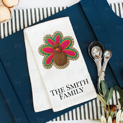 Yarn Turkey Thanksgiving Tea Towel | Leopard Print Kitchen Towel | Funny Hostess Gift | Fall Décor | Personalized Linen or Flour Sack
