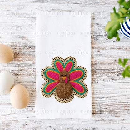 Yarn Turkey Thanksgiving Tea Towel | Leopard Print Kitchen Towel | Funny Hostess Gift | Fall Décor | Personalized Linen or Flour Sack