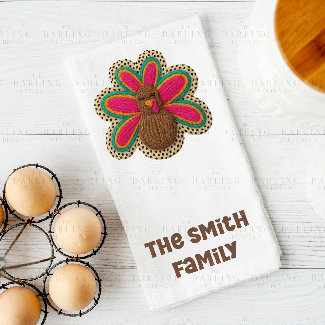 Yarn Turkey Thanksgiving Tea Towel | Leopard Print Kitchen Towel | Funny Hostess Gift | Fall Décor | Personalized Linen or Flour Sack