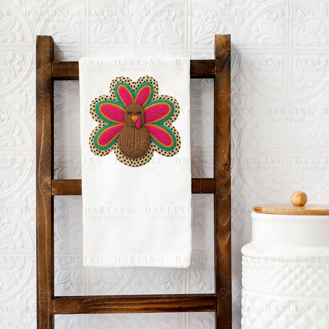 Yarn Turkey Thanksgiving Tea Towel | Leopard Print Kitchen Towel | Funny Hostess Gift | Fall Décor | Personalized Linen or Flour Sack