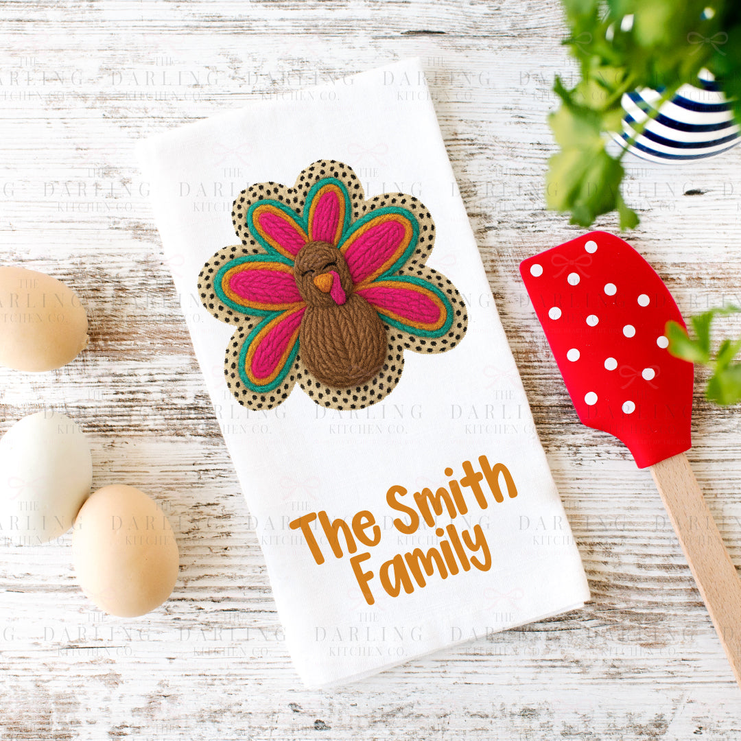 Yarn Turkey Thanksgiving Tea Towel | Leopard Print Kitchen Towel | Funny Hostess Gift | Fall Décor | Personalized Linen or Flour Sack