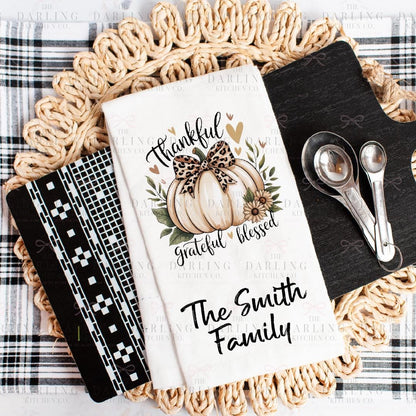 Personalized Thanksgiving Tea Towel, Personalized Hostess Gift, Thankful Grateful Blessed, Farmhouse Hostess Gift, Fall Home Decor,