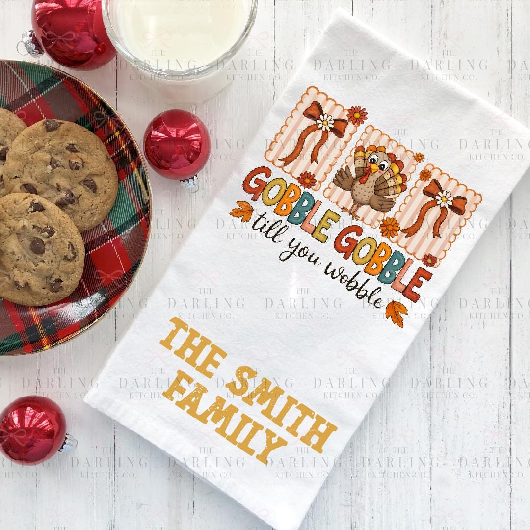 Personalized Thanksgiving Tea Towel | Cute Turkey & Bow Hand Towel