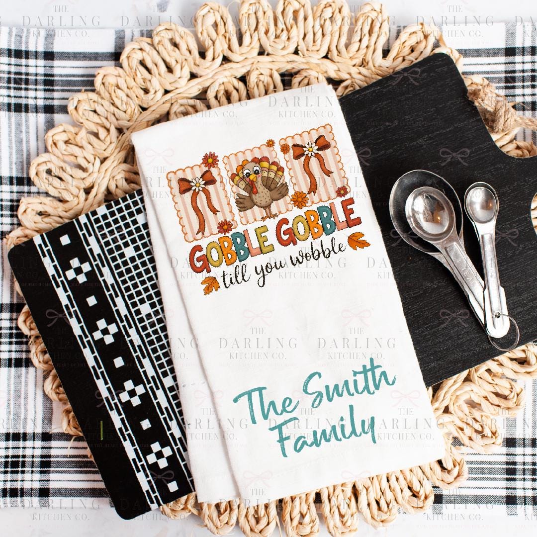 Personalized Thanksgiving Tea Towel | Cute Turkey & Bow Hand Towel