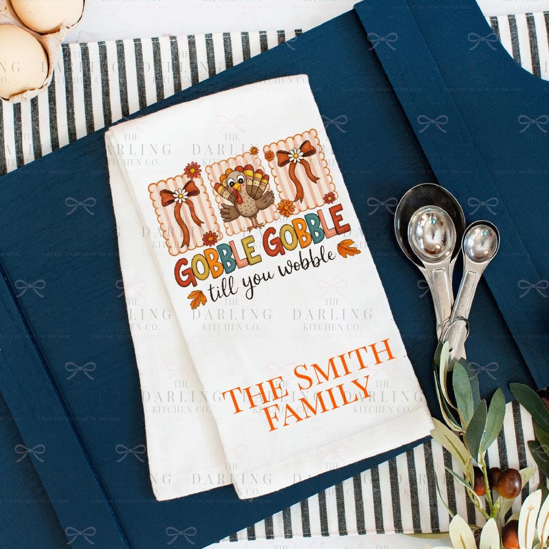 Personalized Thanksgiving Tea Towel | Cute Turkey & Bow Hand Towel