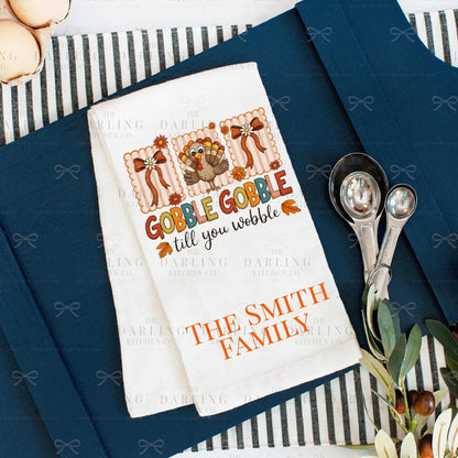 Personalized Thanksgiving Tea Towel | Cute Turkey & Bow Hand Towel