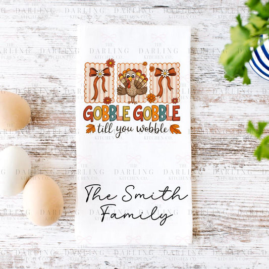 Personalized Thanksgiving Tea Towel | Cute Turkey & Bow Hand Towel