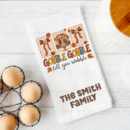 Personalized Thanksgiving Tea Towel | Cute Turkey & Bow Hand Towel