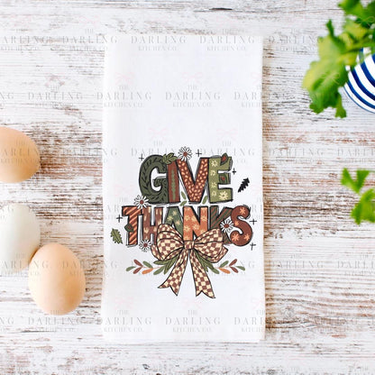 Personalized  Thanksgiving Tea Towel with Give Thanks & Bow, Unique Hostess Towel Gift