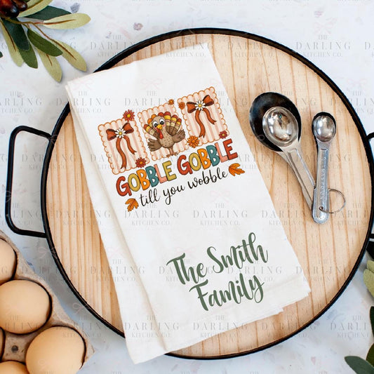 Personalized Thanksgiving Tea Towel | Cute Turkey & Bow Hand Towel